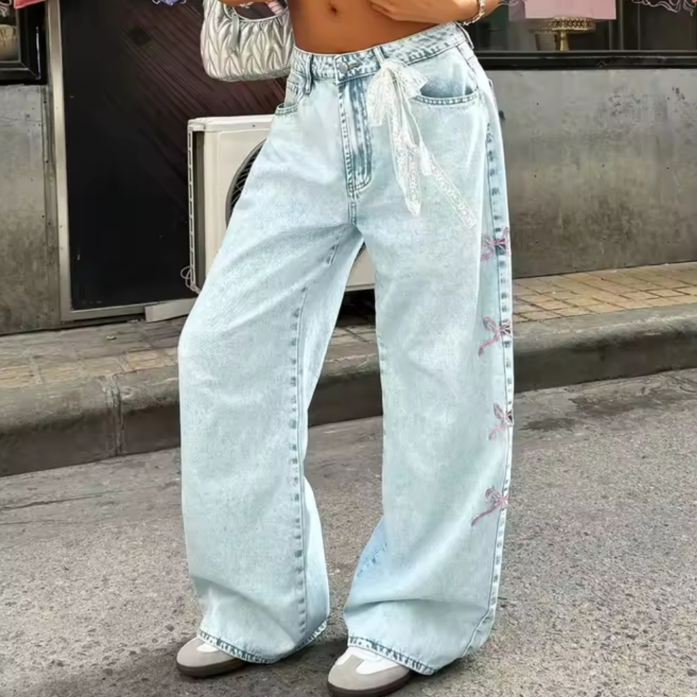 Women Straight-Leg Denim Pants With Side Bow TrimSimple Street Style Casual Fas - Picture 1 of 7